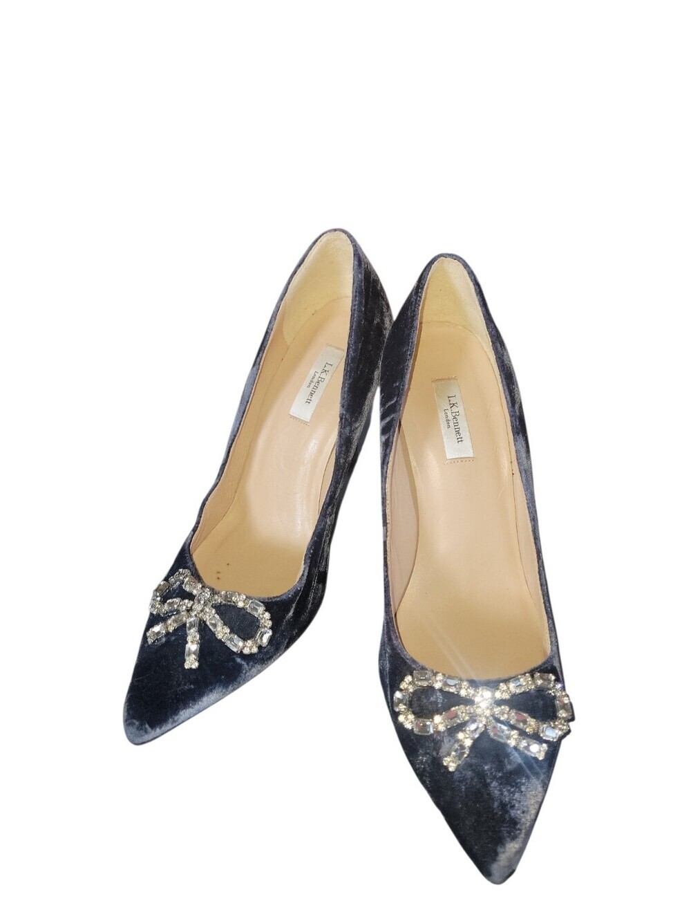 L.K. Bennett London Fern Powder Blue Velvet Pointed Pumps Crystal Bow Detail 40 - Picture 6 of 9